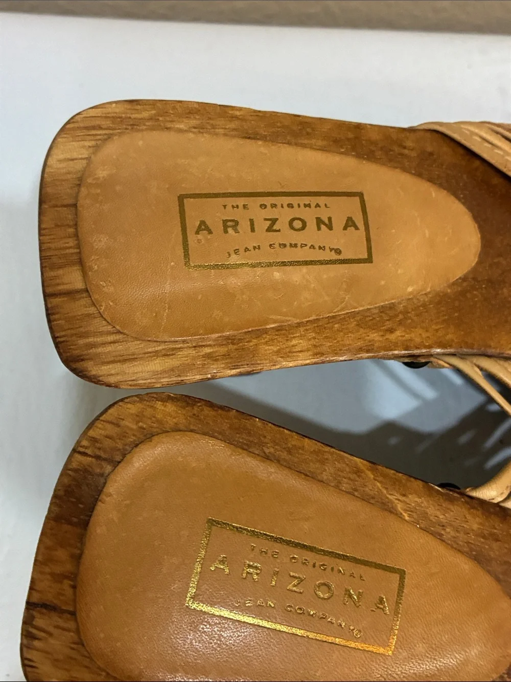 Arizona Jean Company Tan Woven Leather Wedge Sandals with Wooden-Look Heel
